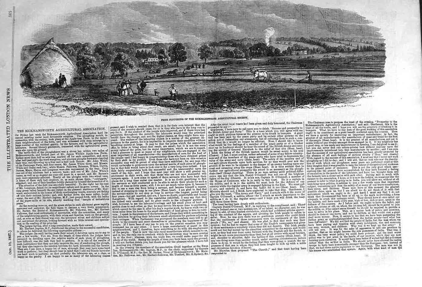 Original Old Antique Print 1857 Prize Ploughing Rickmansworth Agriculture Show