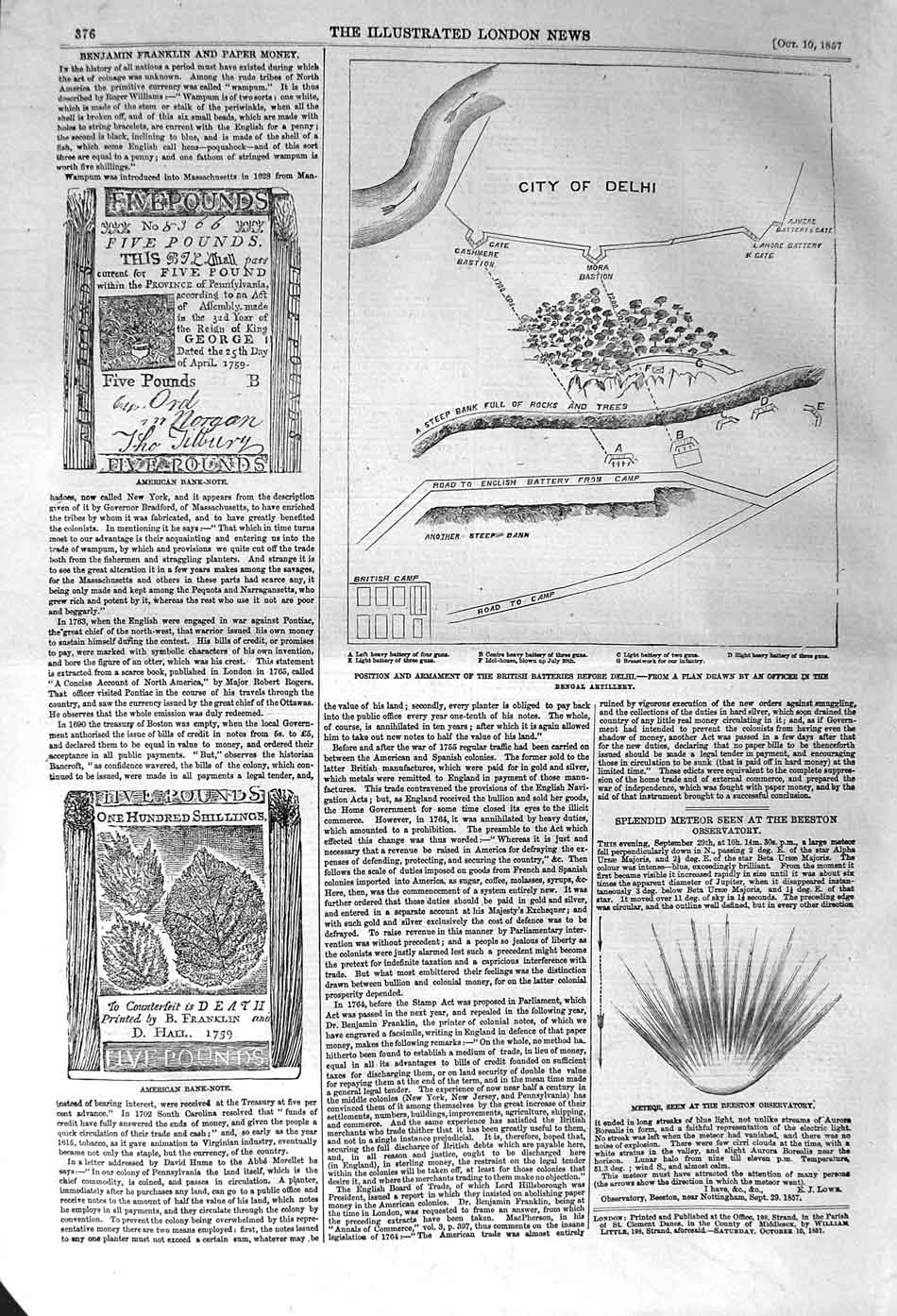Original Old Antique Print 1857 Plan British Batteries Delhi American Ba 19th
