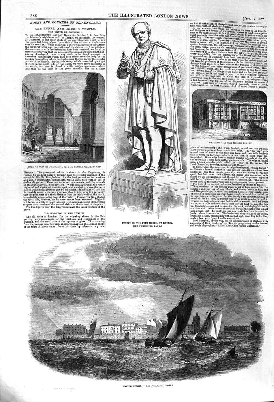 Original Old Antique Print 1857 Statue Poet Moore Dublin Bognor Sussex Gsmith