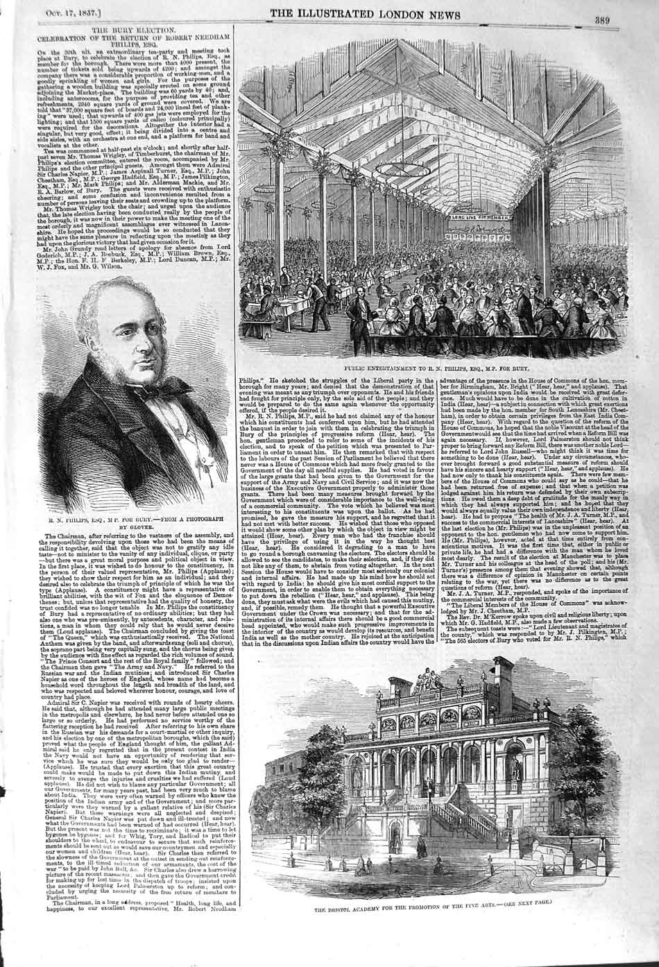 Old Antique Print 1857 Robert Philips M.P. Bury Bristol Academy Fine Arts 19th