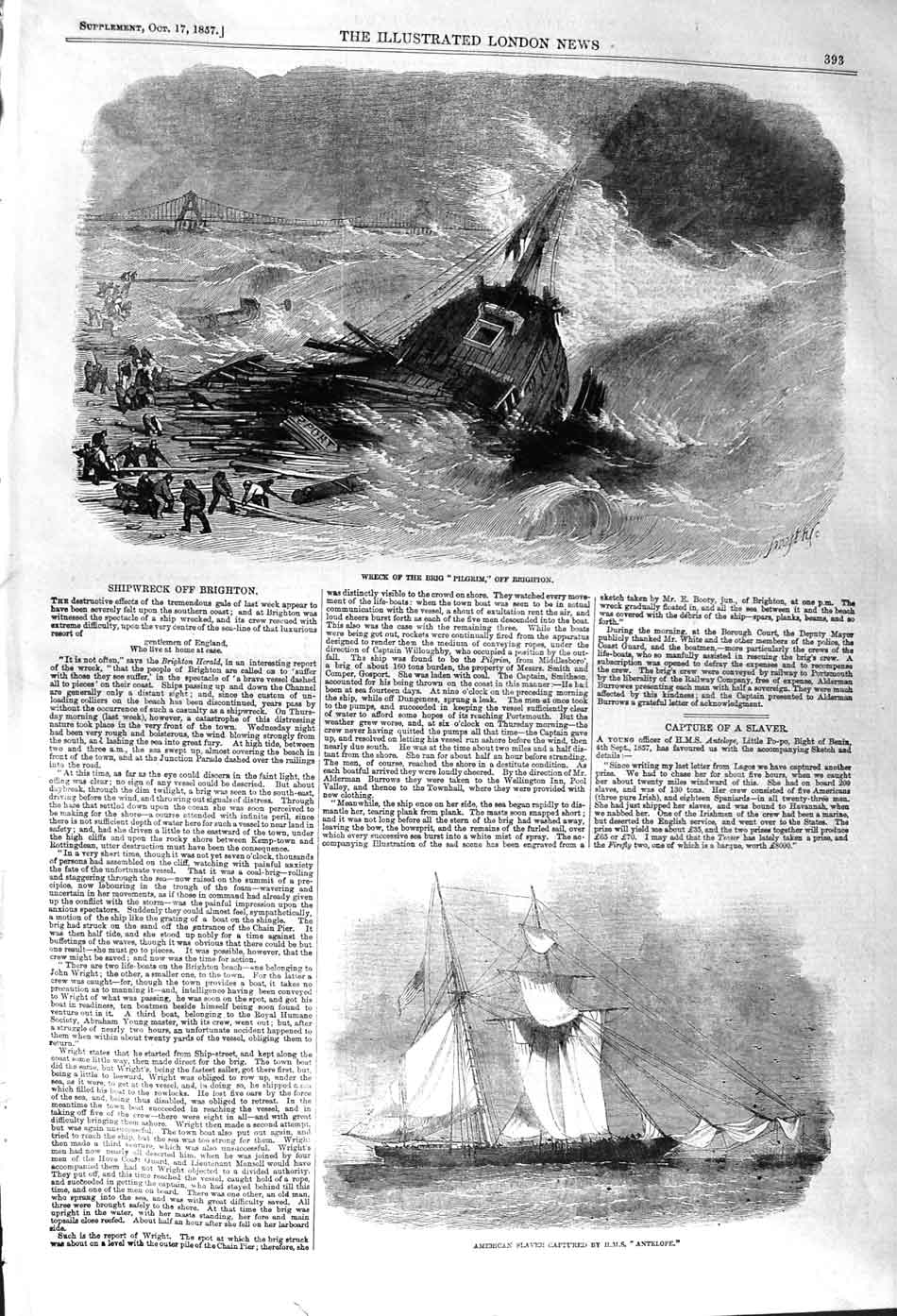 Old Antique Print 1857 Wreck Brig Ship Pilgrim American Slaver Antelope 19th