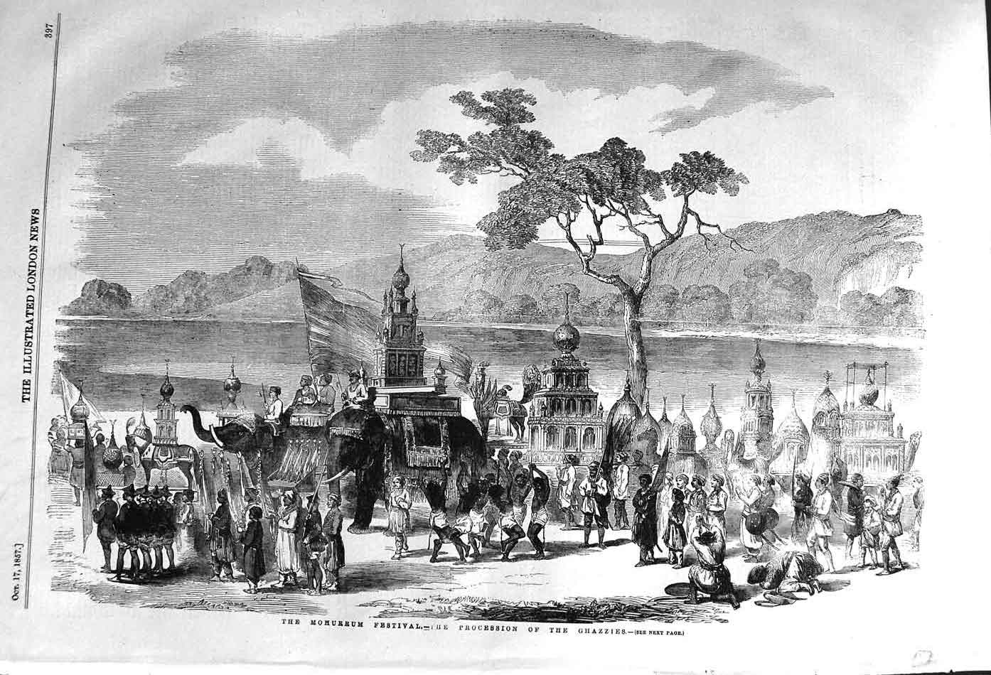 Original Old Antique Print 1857 Mohurrum Festival Procession Ghazzies Elephants