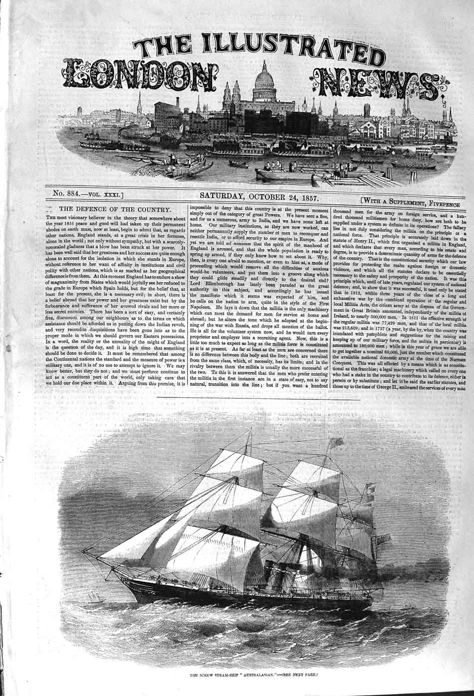 Original Old Antique Print 1857 Screw Steam Ship Australasian Sailing Victorian