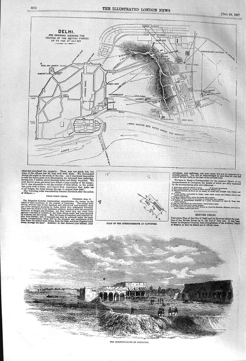 Original Old Antique Print 1857 Plan Intrechments Cawnpore Plan Delhi W 19th