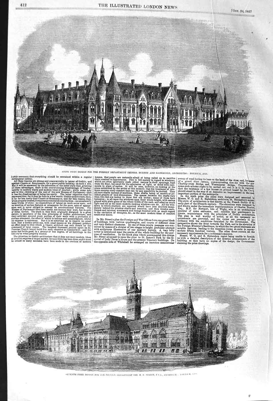 Original Old Antique Print 1857 Architecture Foreign Department Buxton Street