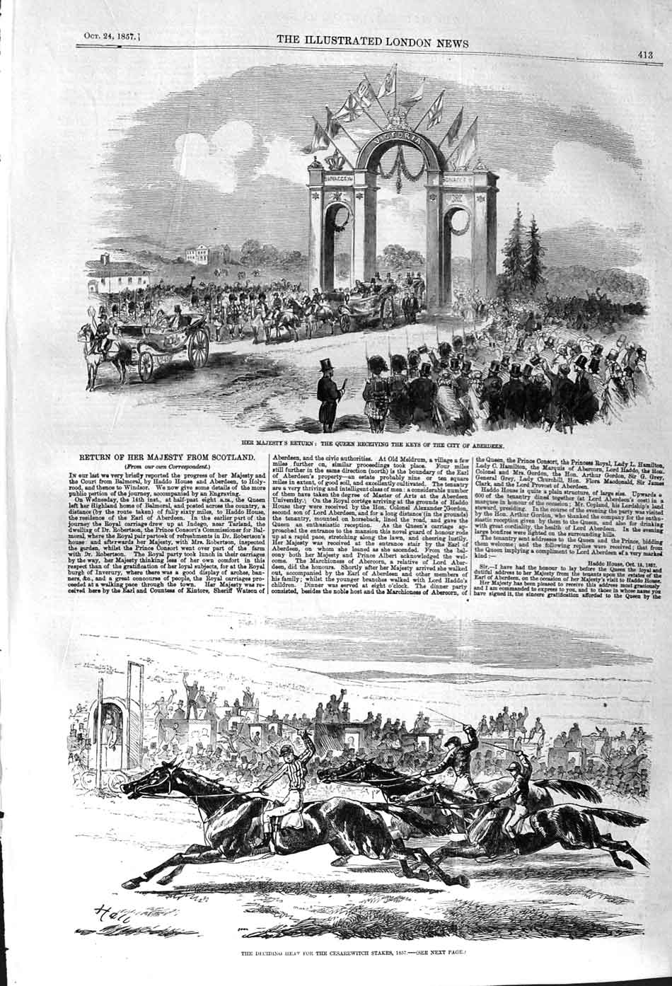 Old Antique Print 1857 Queen Keys City Aberdeen Cesarewitch Horse Racing 19th