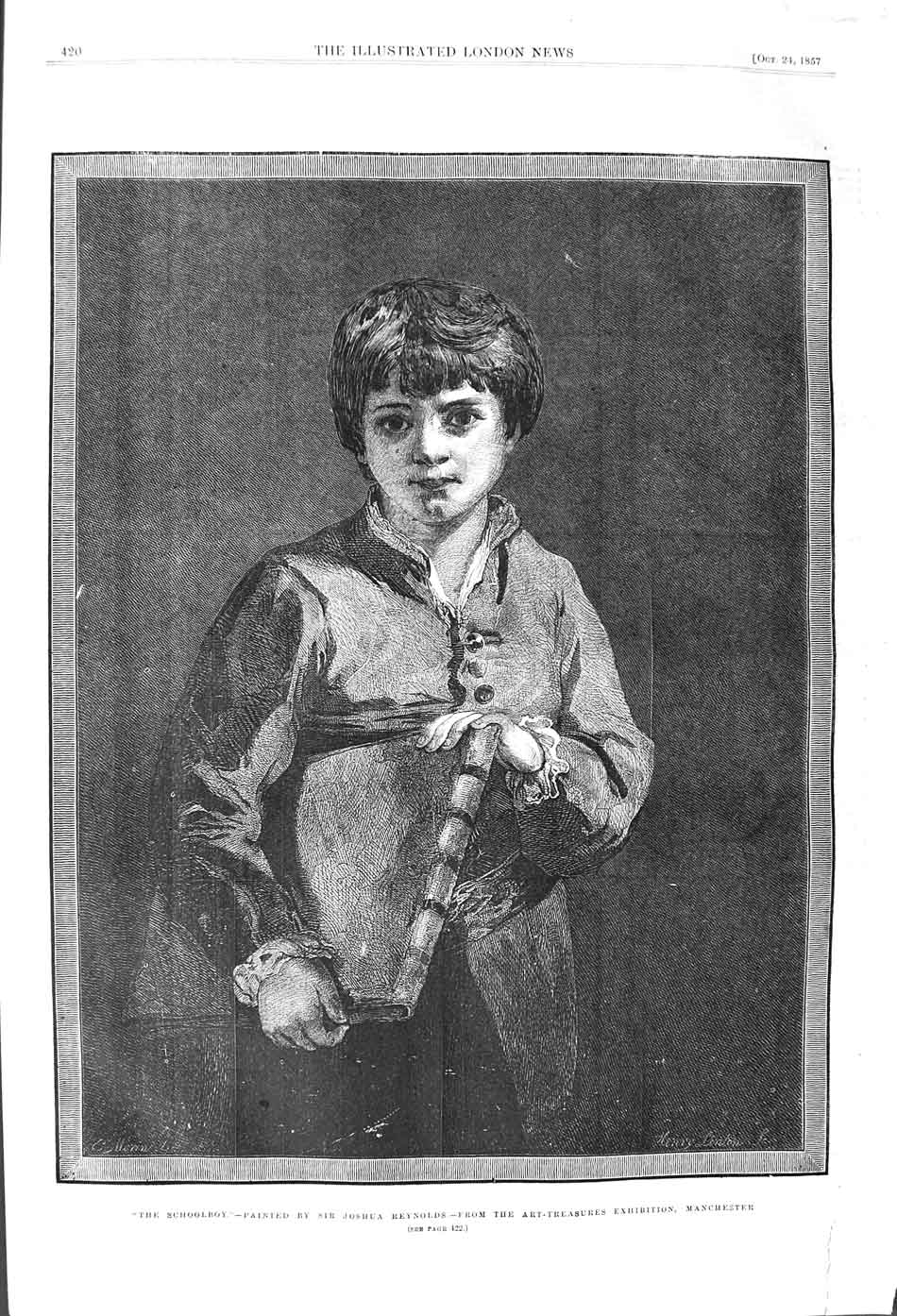 Original Old Antique Print 1857 Portrait Schoolboy Joshua Reyns 19th