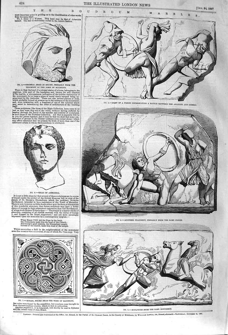 Original Old Antique Print 1857 Boudroum Marbles Mosaic Artemisia Tomb Mausoles