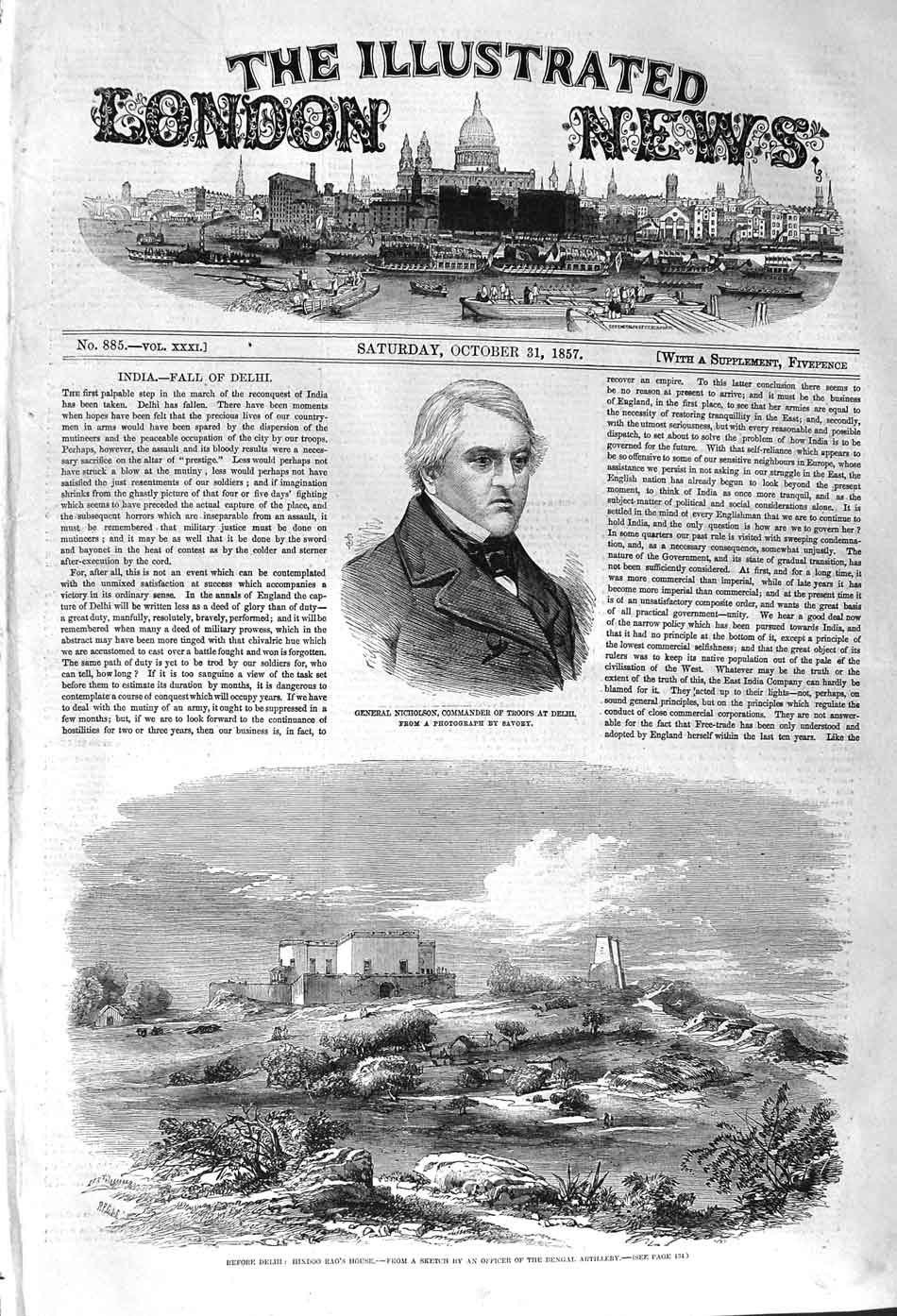 Original Old Antique Print 1857 General Nicholson Delhi Hindoo Roa House 19th
