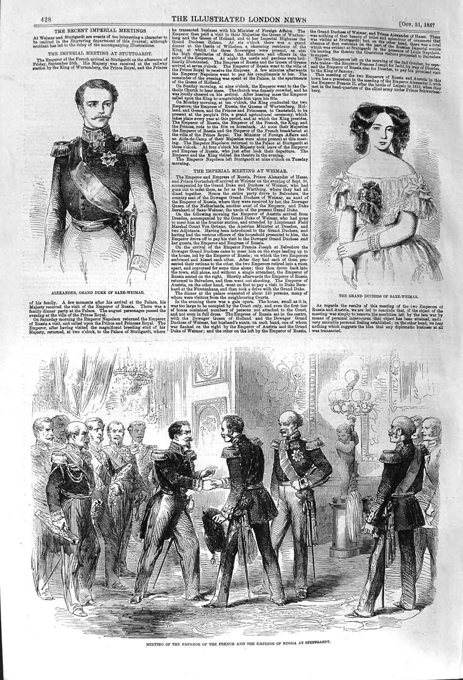 Original Old Antique Print 1857 Emperor French Russia Stuttgardt Duke Saxe 19th