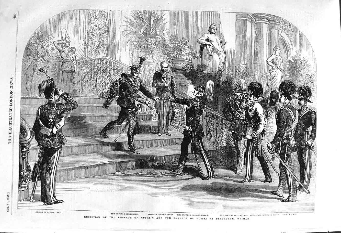 Original Old Antique Print 1857 Emperor Austria Russia Belvedere Weimar Al 19th