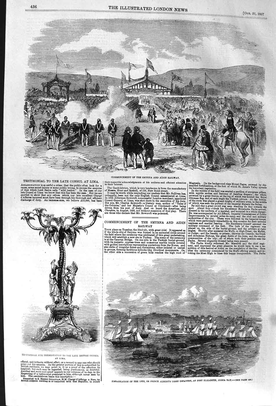 Original Old Antique Print 1857 Smyrna Aidin Railway Prince Albert Port El 19th