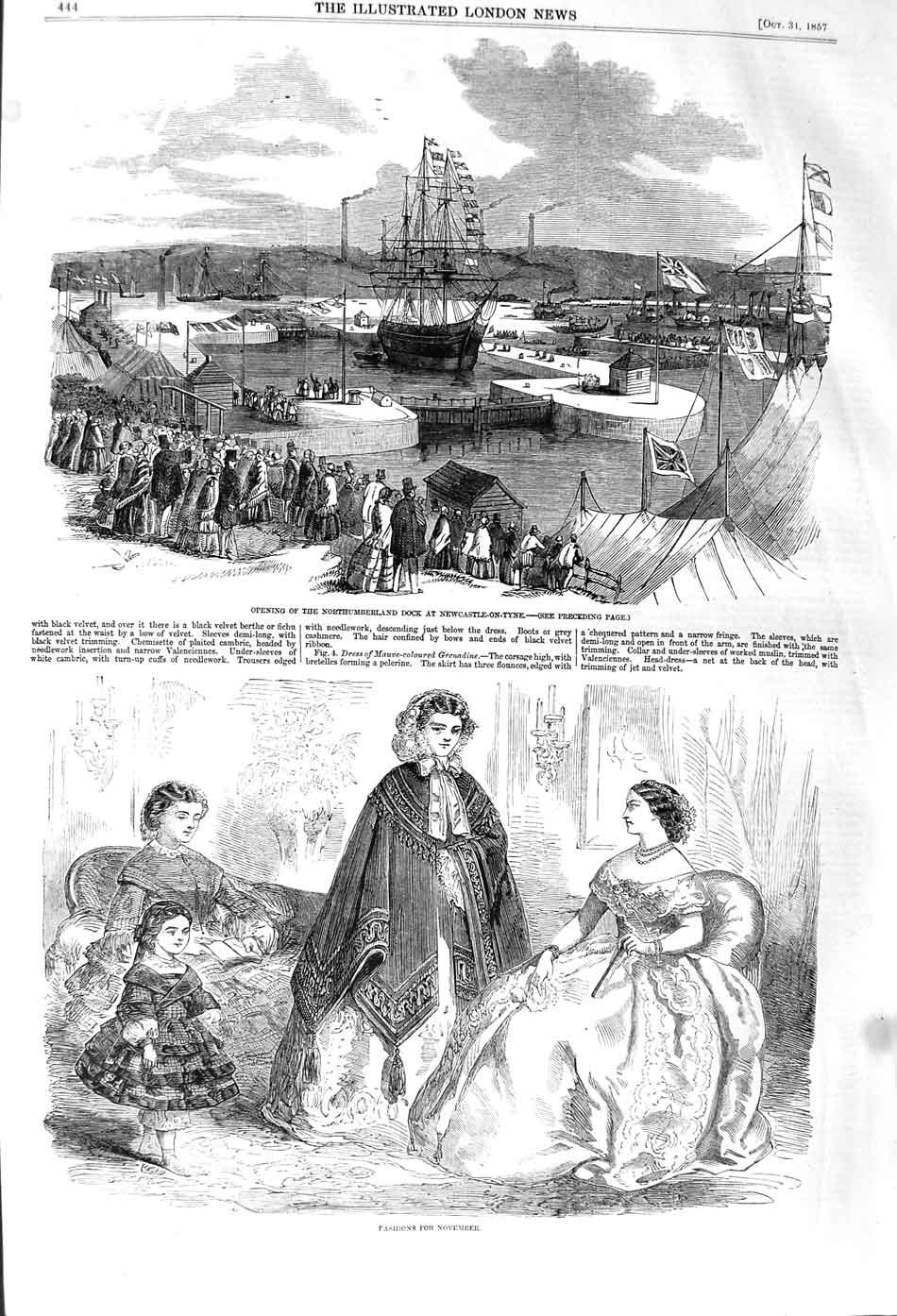 Old Antique Print 1857 Northumberland Dock Ships Newcastle Fashion Ladies 19th