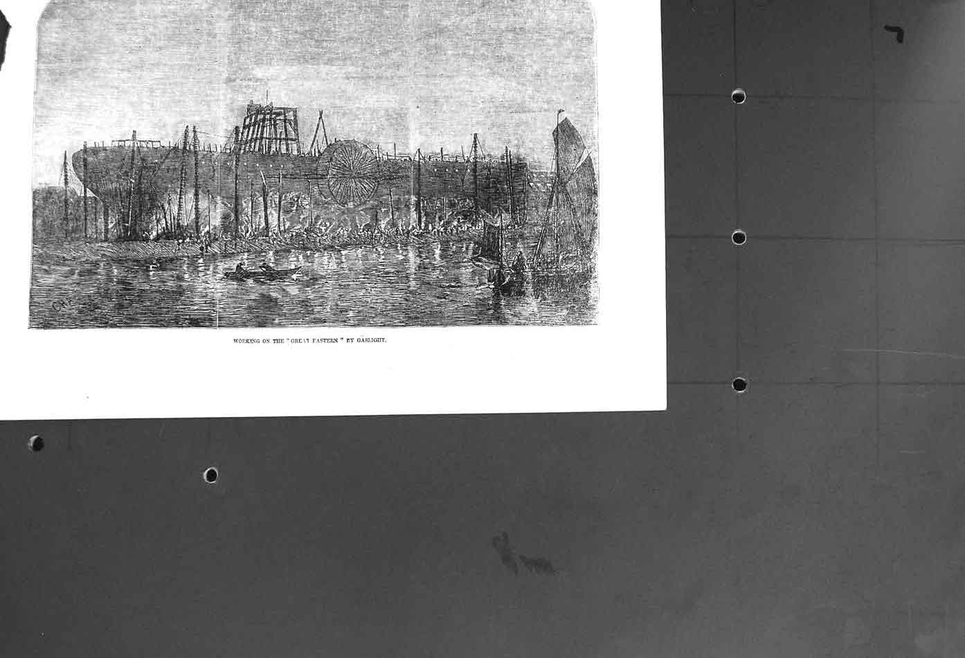 Original Old Antique Print 1857 Scene Working Great Eastern Ship Gaslight 19th