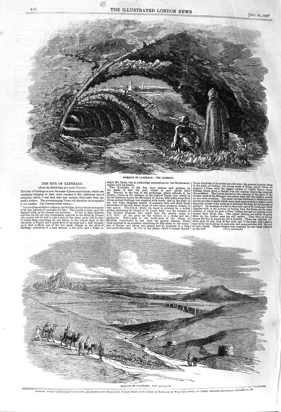 Original Old Antique Print 1857 Remains Carthage Cisterns Aqueduct Camels 19th