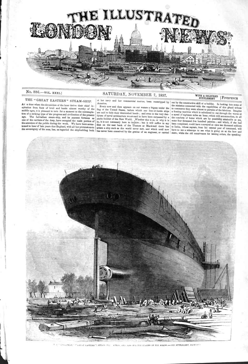 Original Old Antique Print 1857 Leviathan Great Eastern Steam Ship B Victorian
