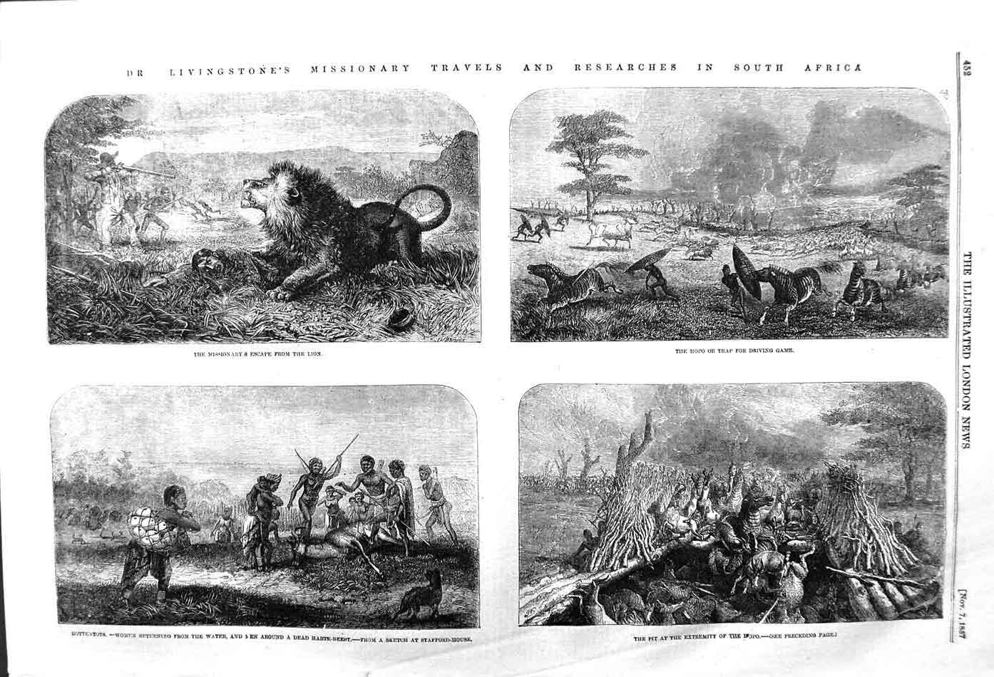 Original Old Antique Print 1857 Livingstone South Africa Hottentots Hopo 19th