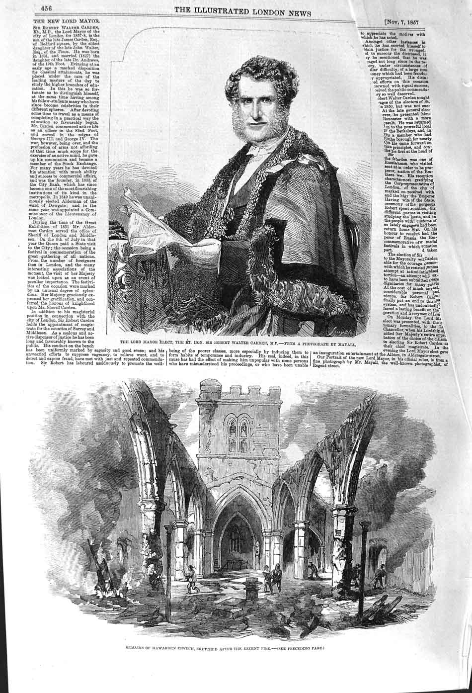 Original Old Antique Print 1857 Lord Mayor Elect Robert Carden Hawarden Church