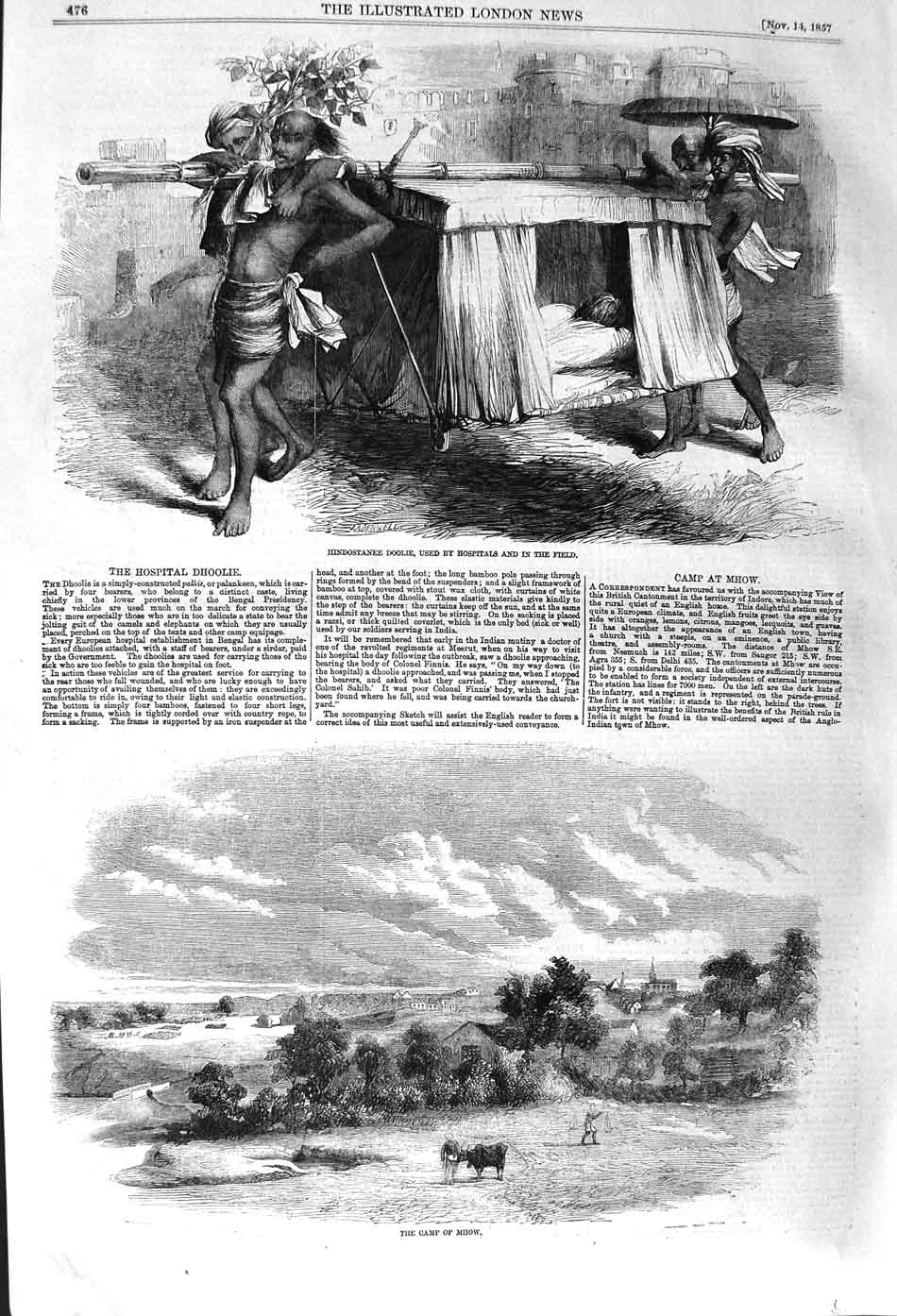 Original Old Antique Print 1857 Hindostanee Hospital Doolie Camp Mhow Indore