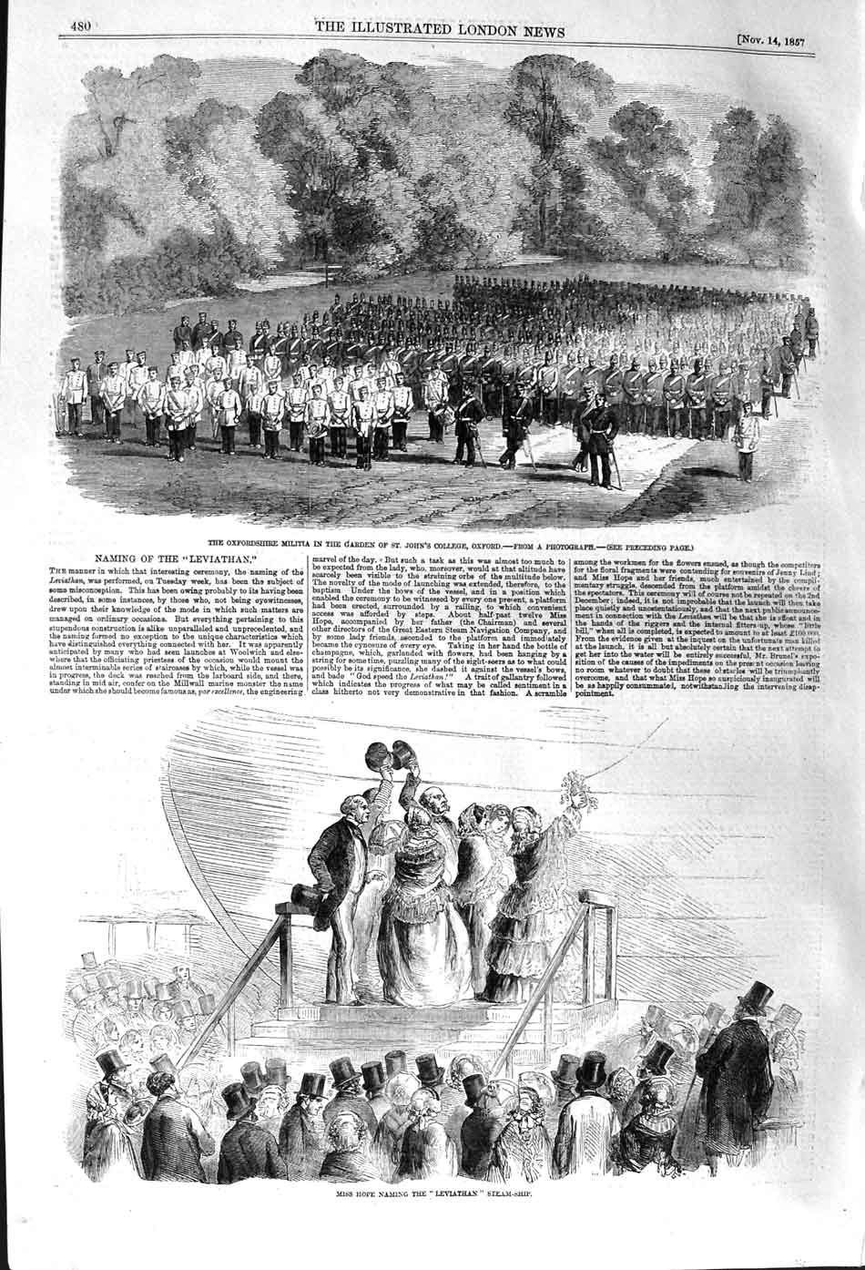 Original Old Antique Print 1857 Siers John'S College Oxford Hope Leviathan Ship