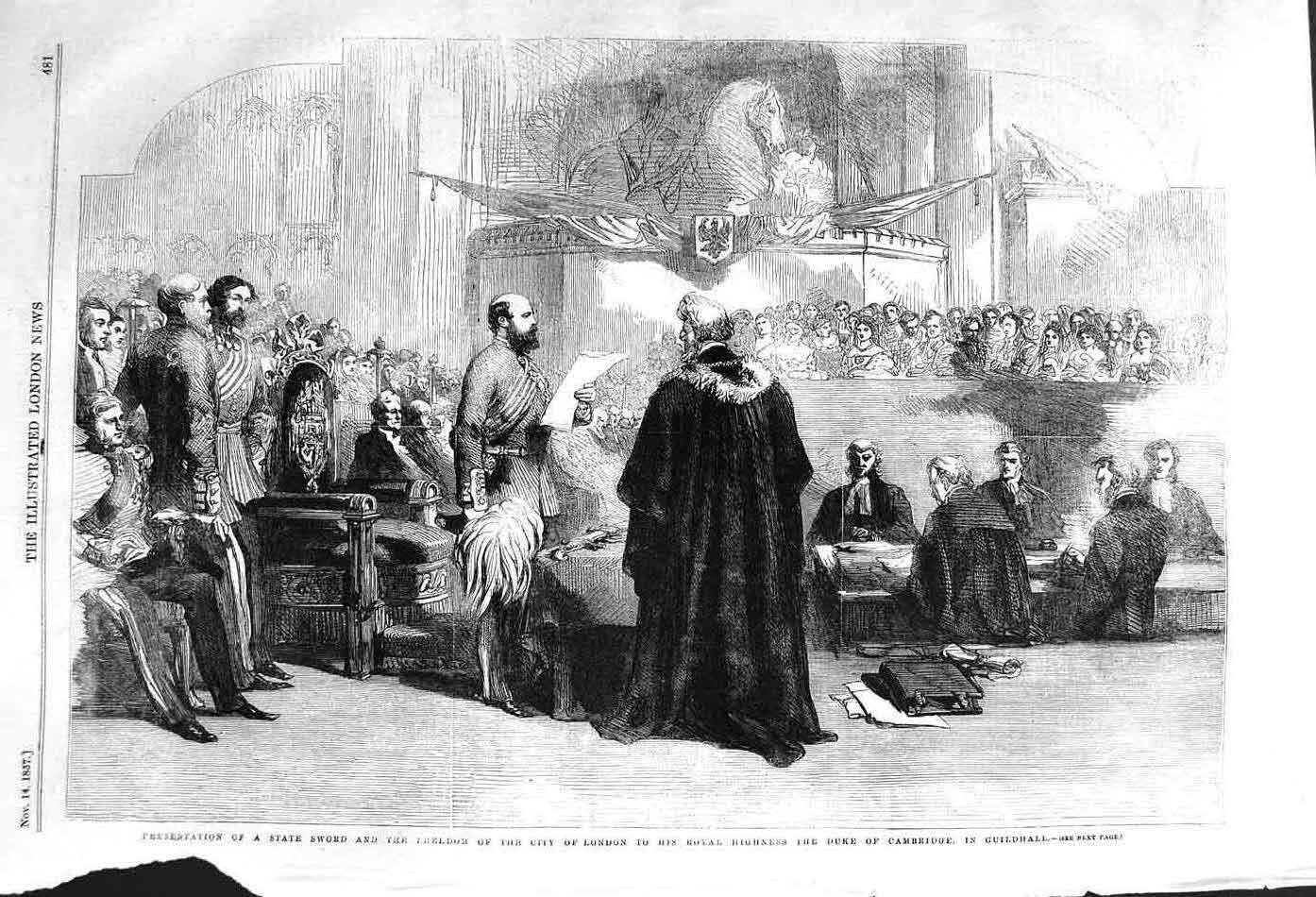 Original Old Antique Print 1857 State Sword Freedom London Guidlhall Cambridge