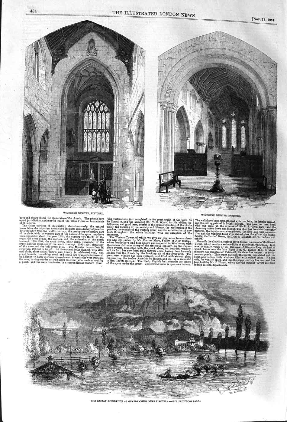 Original Old Antique Print 1857 Wimborne Minster Floods Guardamiglio Placenza