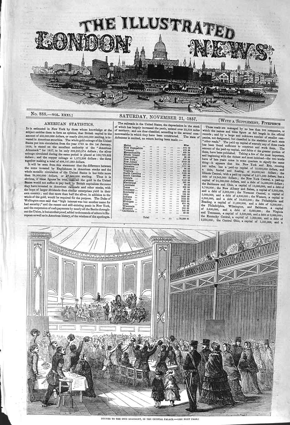 Original Old Antique Print 1857 Dinner 68Th Regiment Crystal Palace London 19th