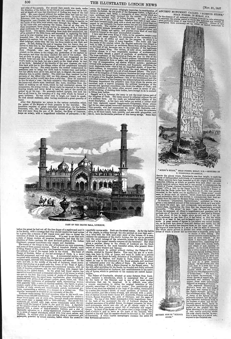 Original Old Antique Print 1857 Imaum Bala Lucknow Sueno'S Stone Forres Moray