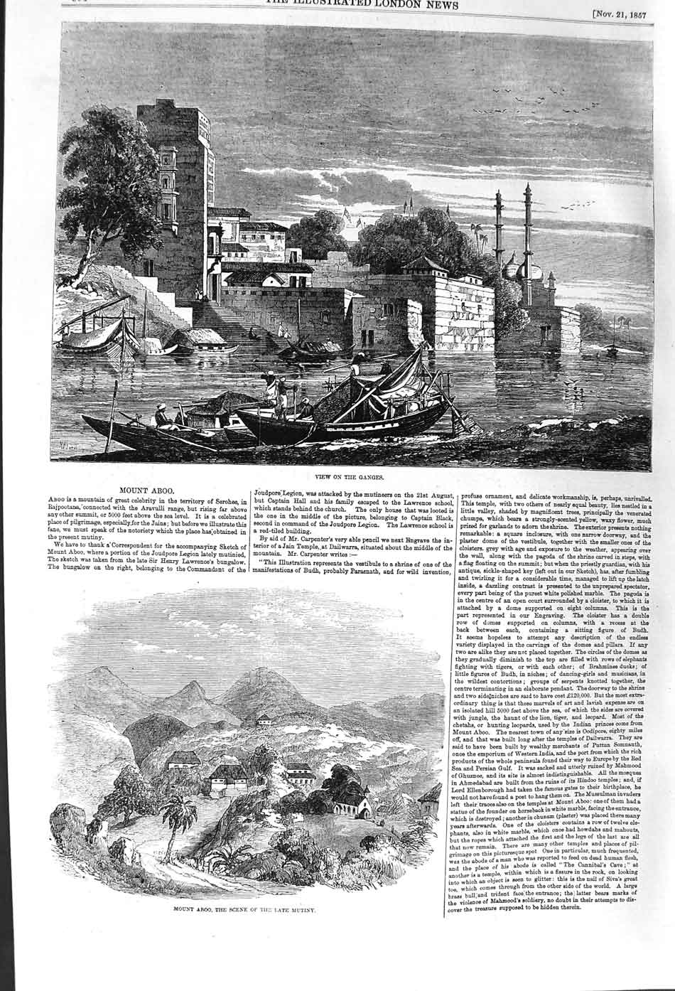 Original Old Antique Print 1857 Mount Aboo Mutiny India Ganges Dailwarra Temple