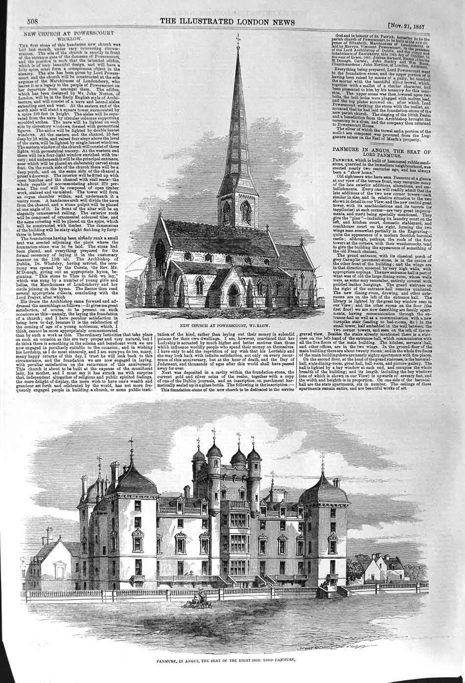 Antique Old Print *3727 1857 Church Powerscourt Wicklow Panmure Angus Lord
