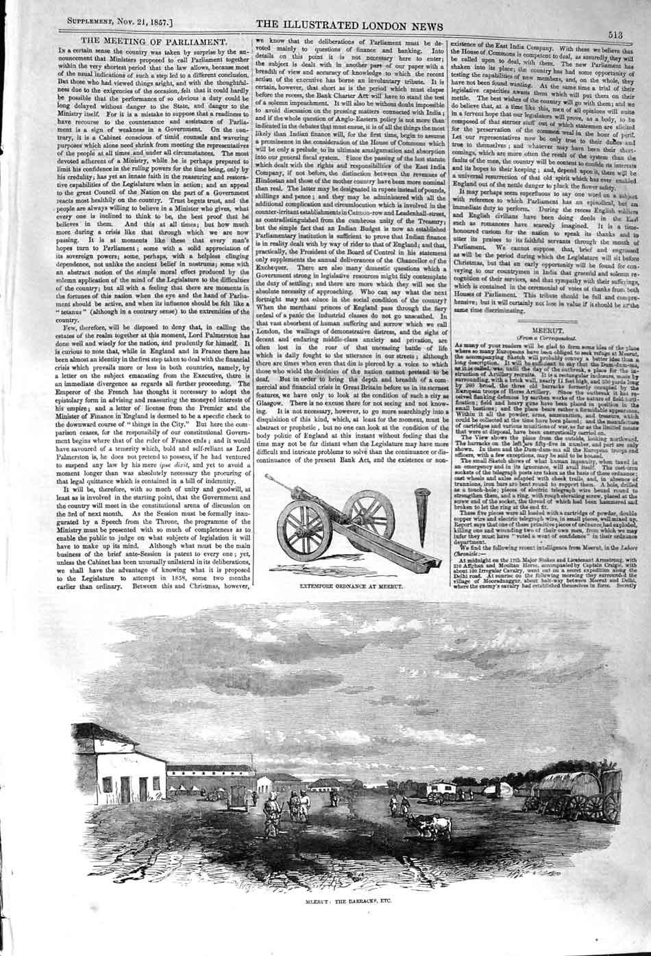 Original Old Antique Print 1857 View Meerut Barracks Extempore Ordnance 19th