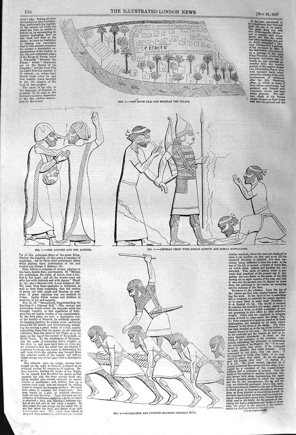 Original Old Antique Print 1857 River Ulai Shushan Palace Assyrian Chief Sketch