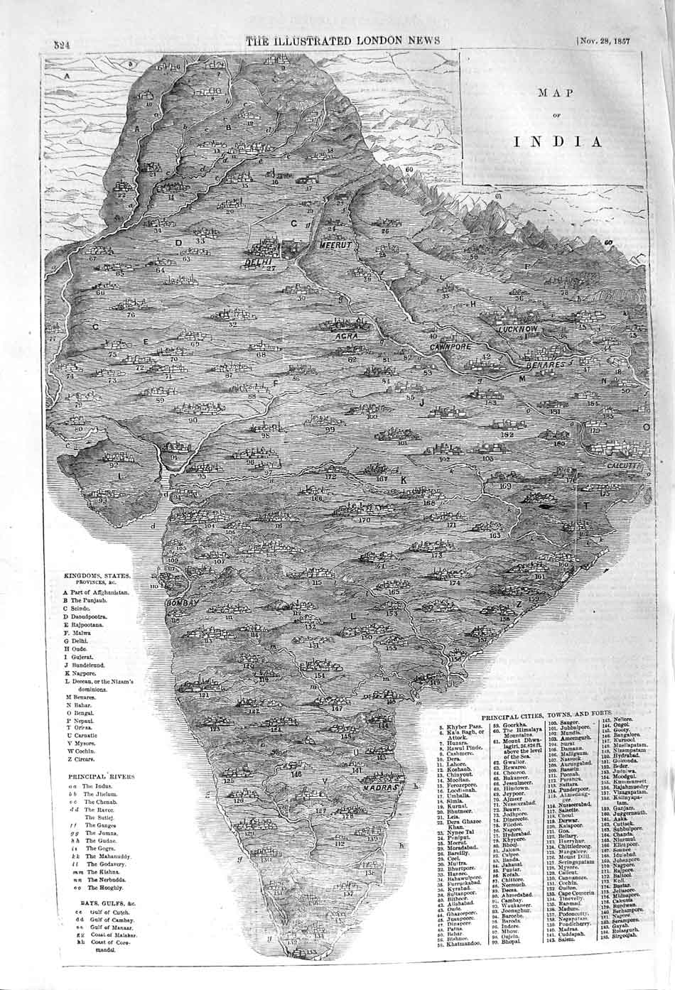 Original Old Antique Print 1857 Map India Khyber Pass Bukaneer Paniput Victorian