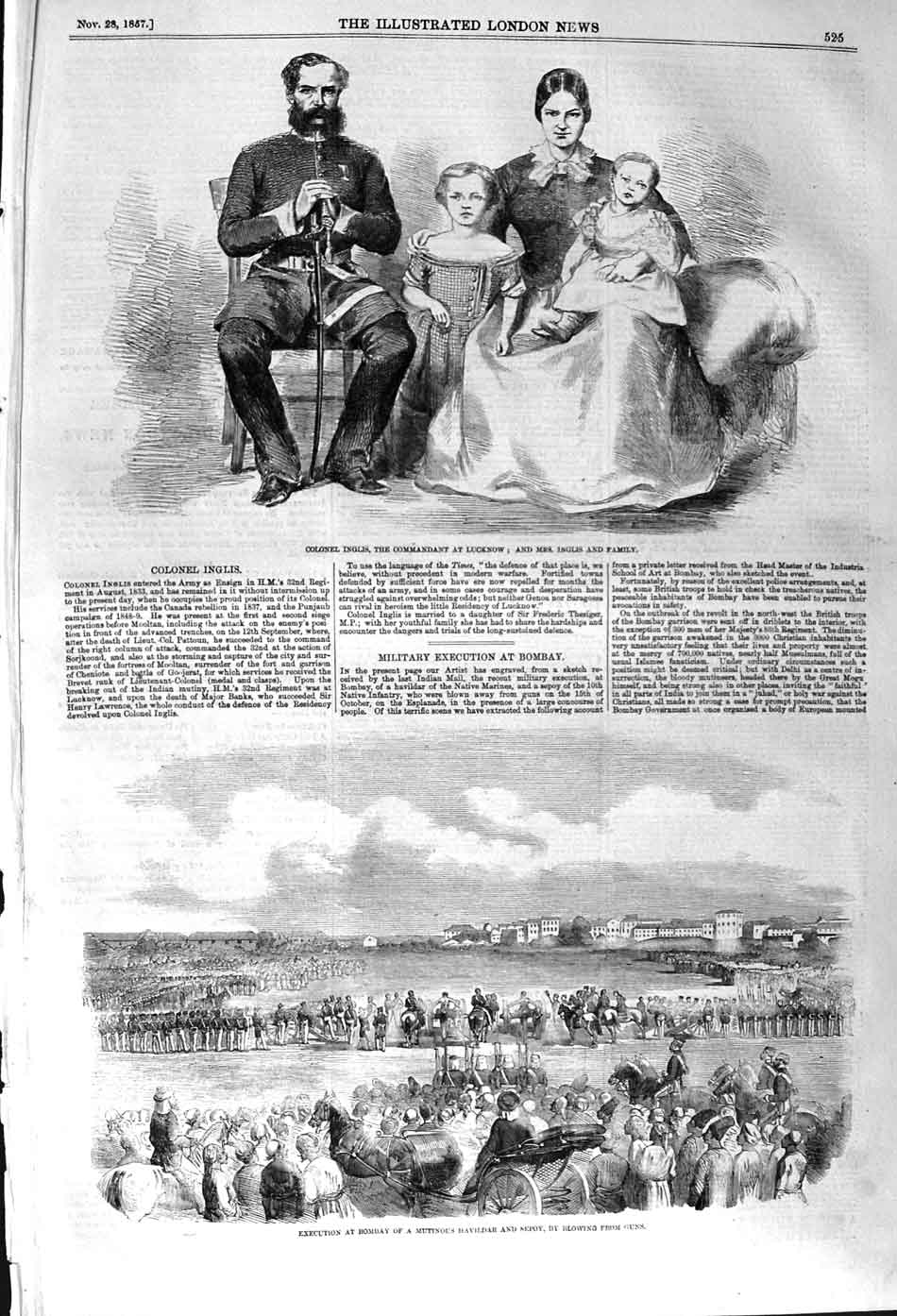 Old Antique Print 1857 Colonel Inglis Lucknow Bombay Havildar Sepoy Guns 19th