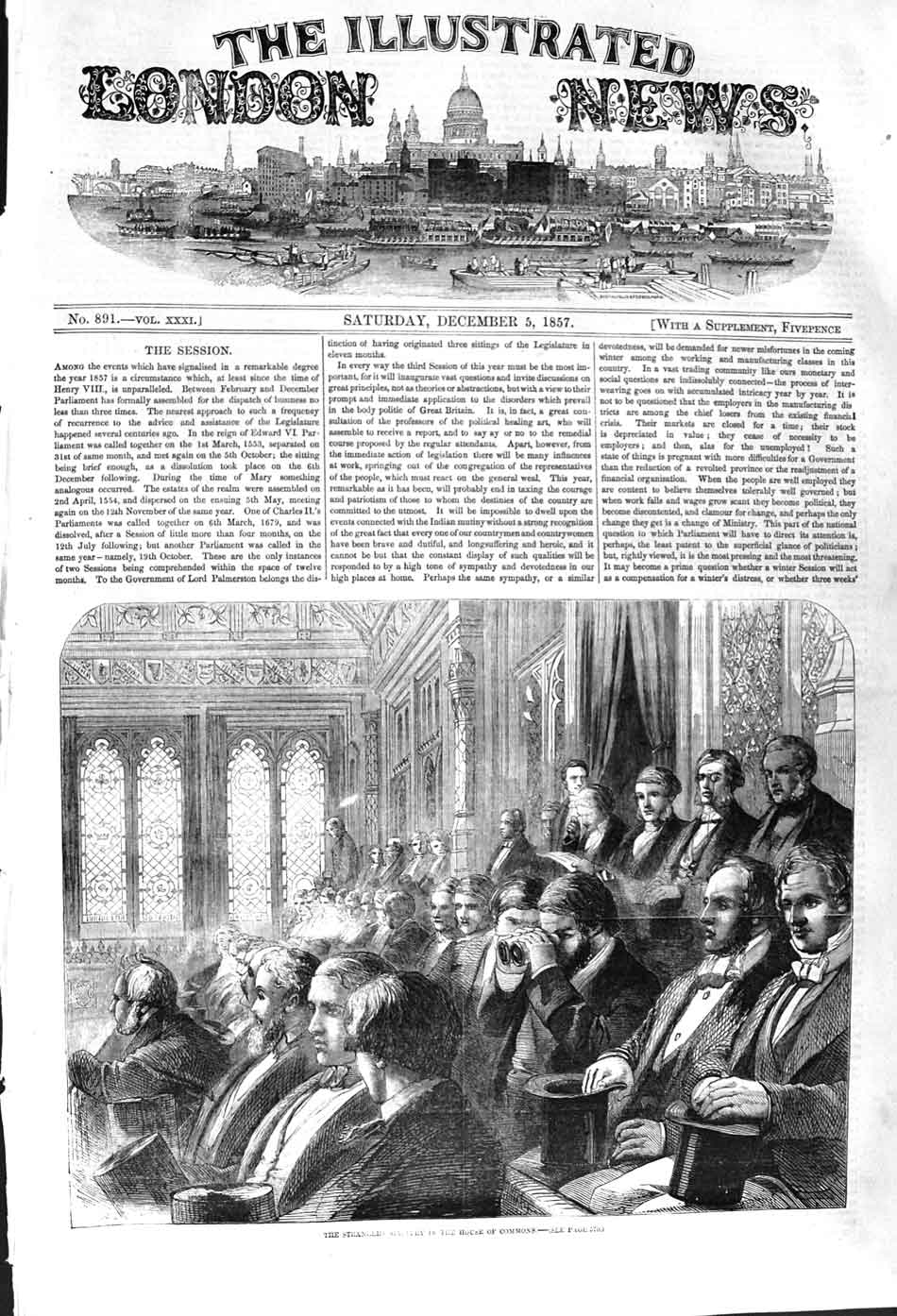 Old Antique Print 1857 Scene Strangers Gallery Houses Commons Parliament 19th