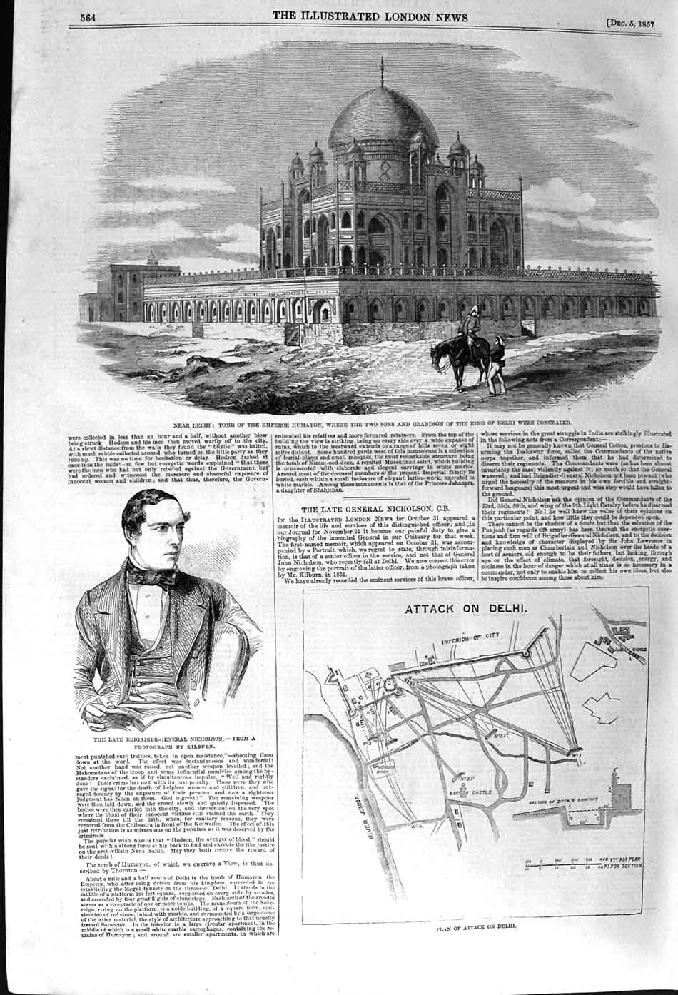 Original Old Antique Print 1857 Delhi Tomb Emperor Humayon King Nicholso 19th