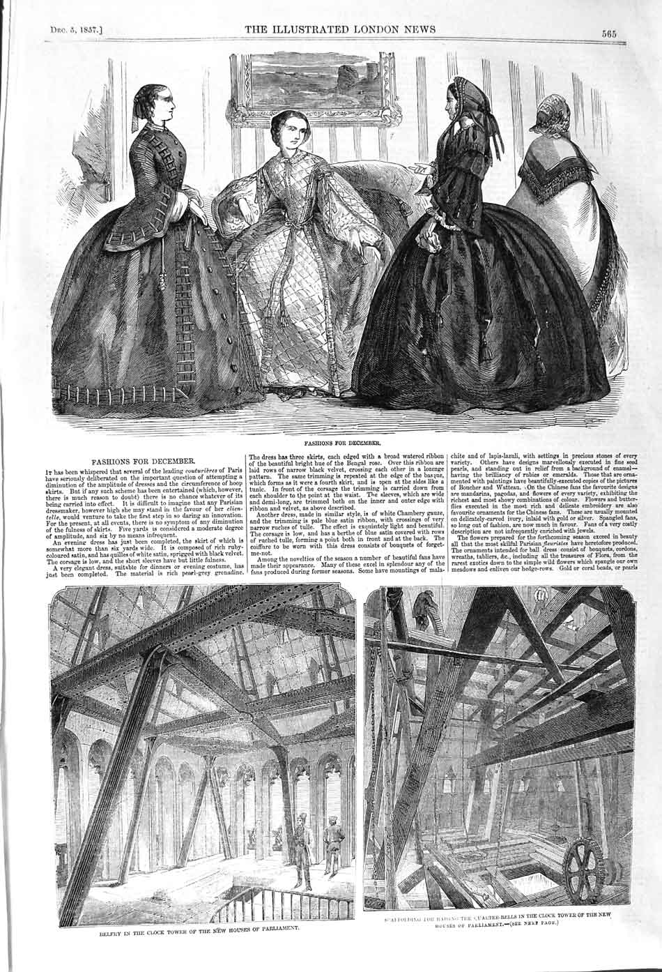 Old Antique Print 1857 Womens Fashion Belfry Clock Tower House Parliament 19th