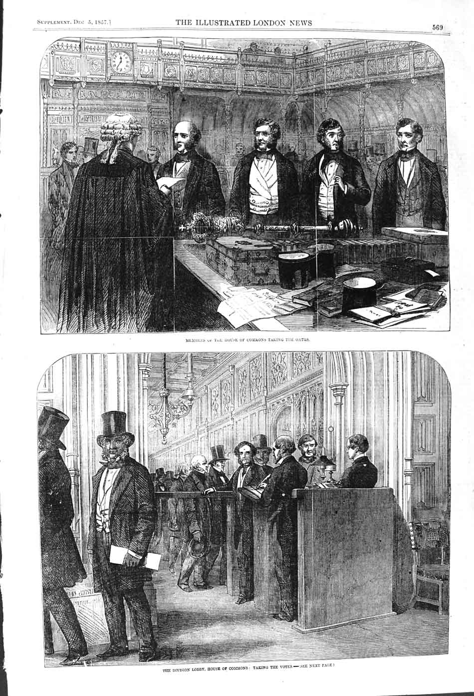 Original Old Antique Print 1857 Members House Commons Oaths Votes Parliament