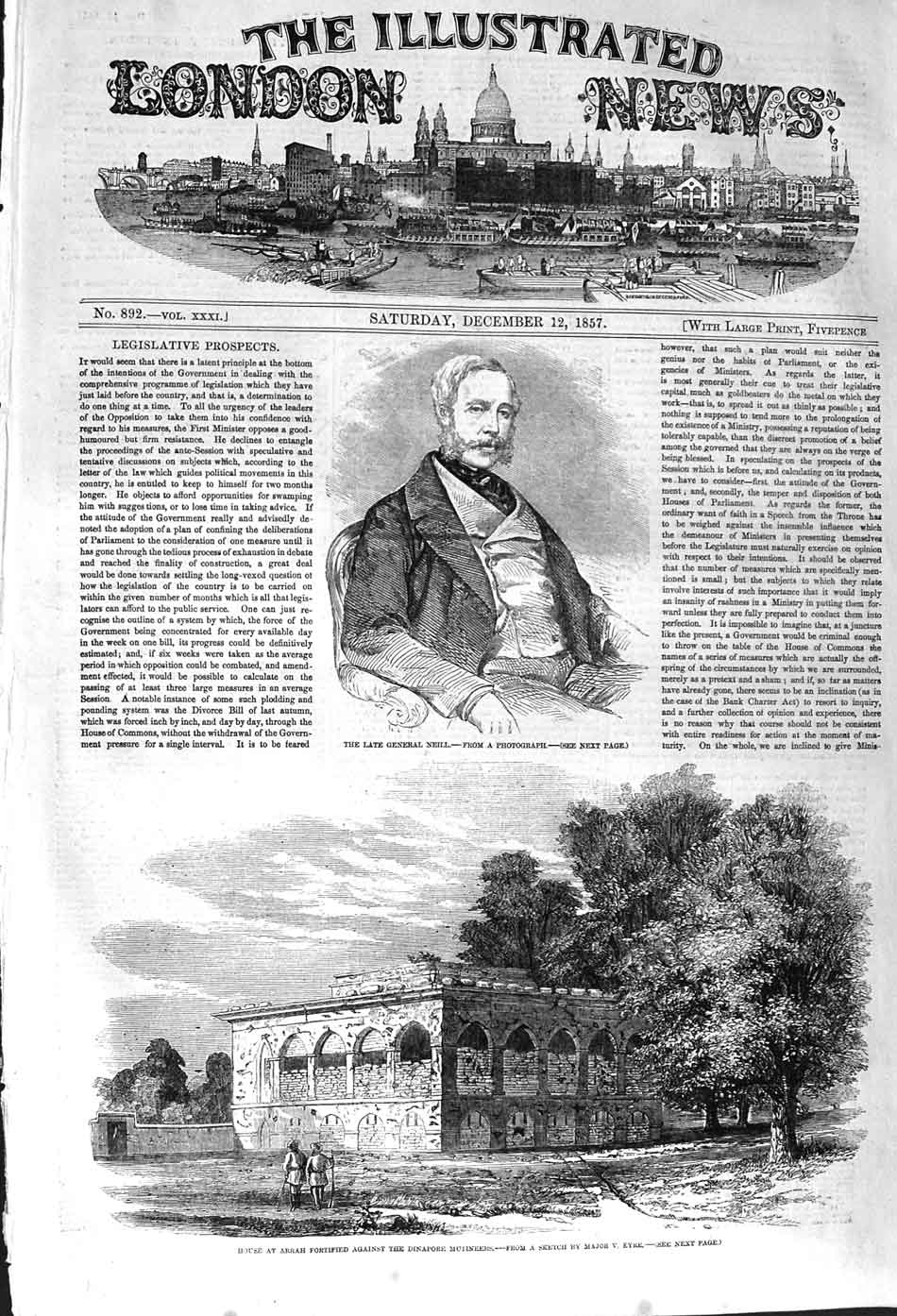 Original Old Antique Print 1857 General Neill House Arrah Dinapore Mutine 19th