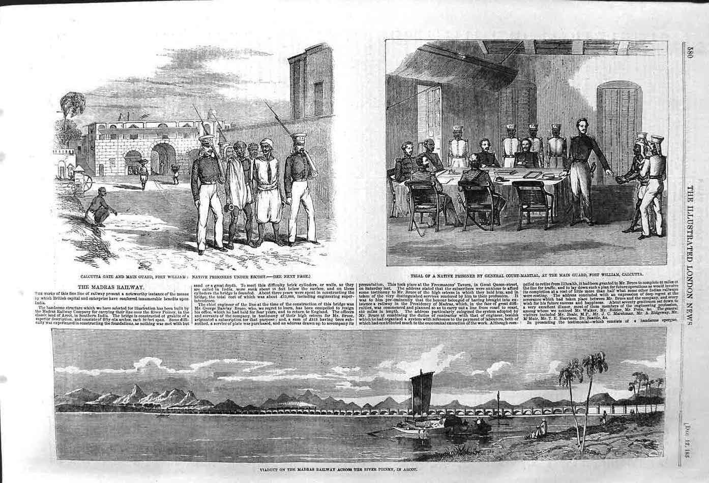 Original Old Antique Print 1857 Viaduct Madras Railway Arcot Calcutta Fort 19th