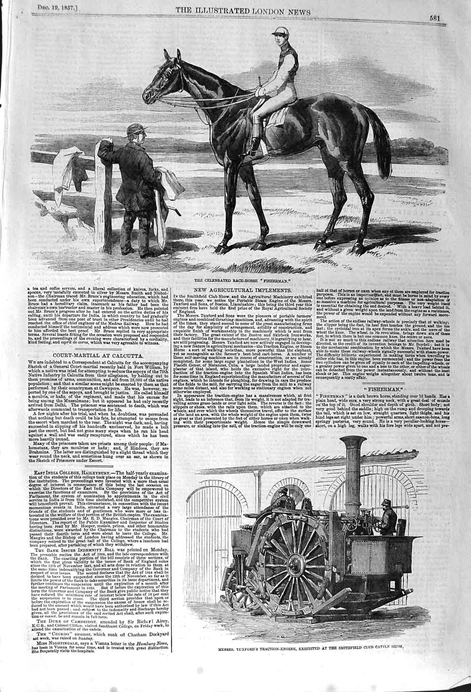 Original Old Antique Print 1857 Race Horse Fisherman Tuxford Traction-Engine
