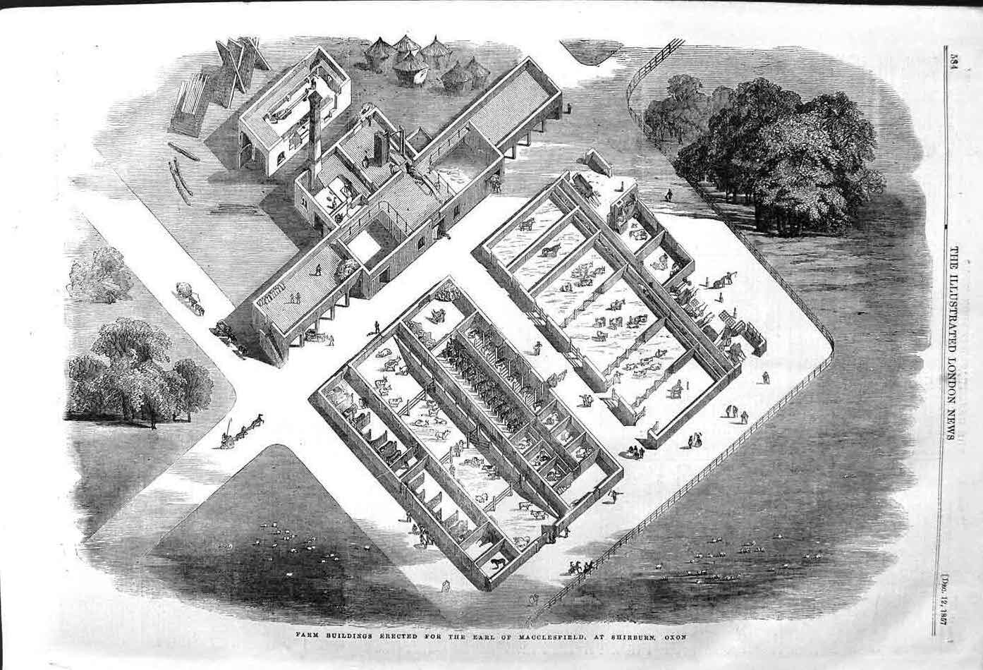 Original Old Antique Print 1857 Farm Buildings Earl Macclesfield Shirburn Oxon