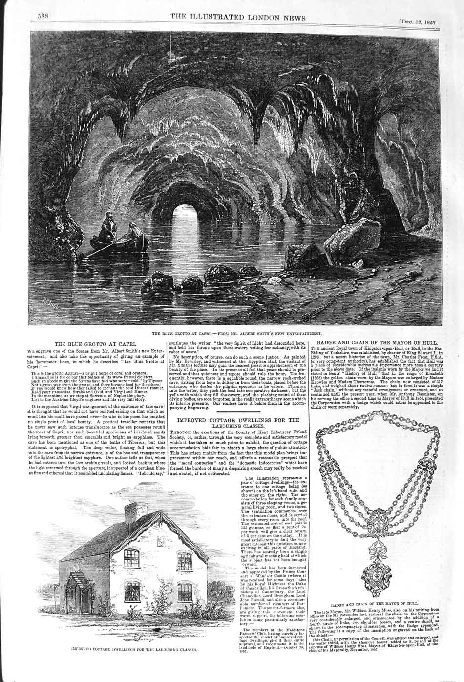Old Antique Print 1857 Blue Grotto Capri Cottage Badge Chain Mayor Hull 19th