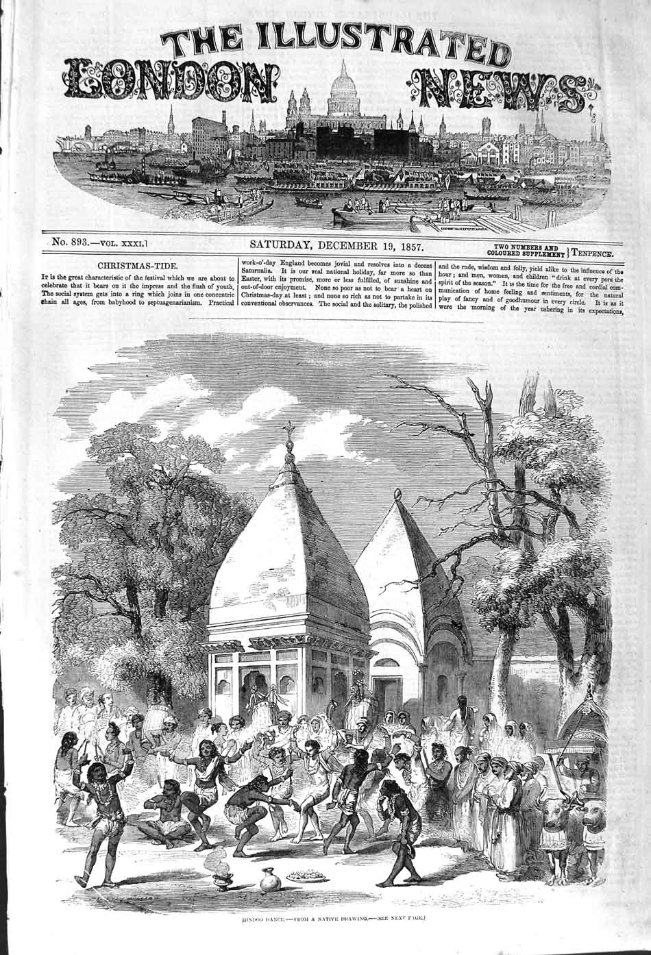 Original Old Antique Print 1857 Hindoo Dance Christmas Festival 19th