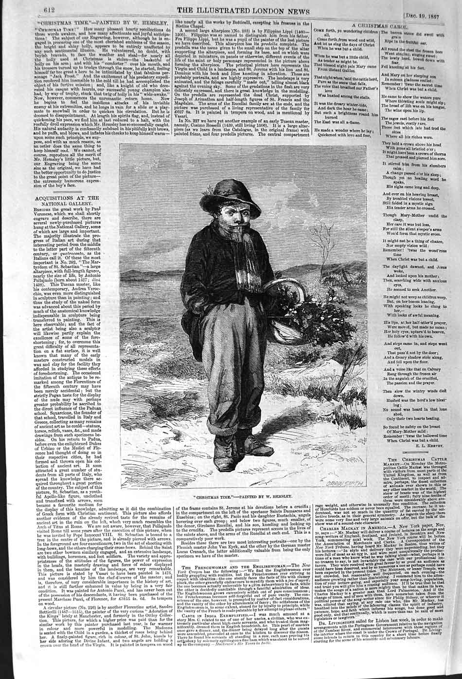 Original Old Antique Print 1857 Christmas Mistltoe Seller Hemsley Victorian