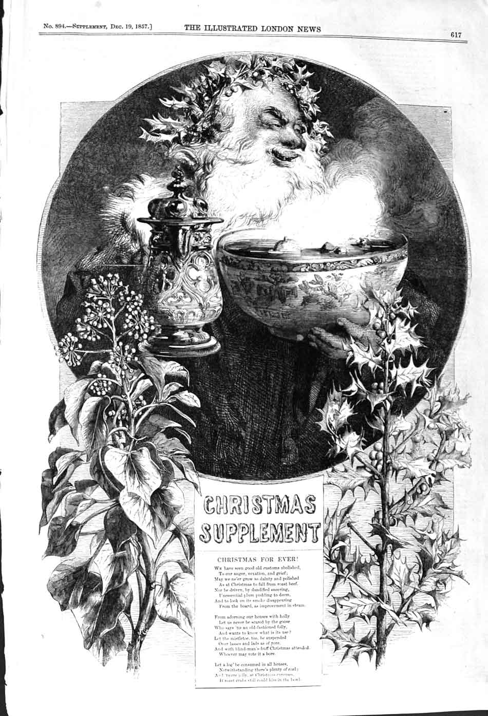 Original Old Antique Print 1857 Christmas Supplement Poem 19th