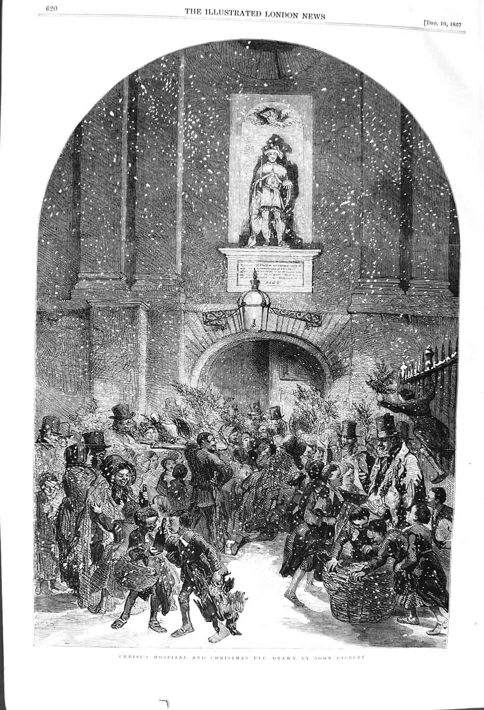 Original Old Antique Print 1857 Christ'S Hospital Christmas Eve Snow Victorian