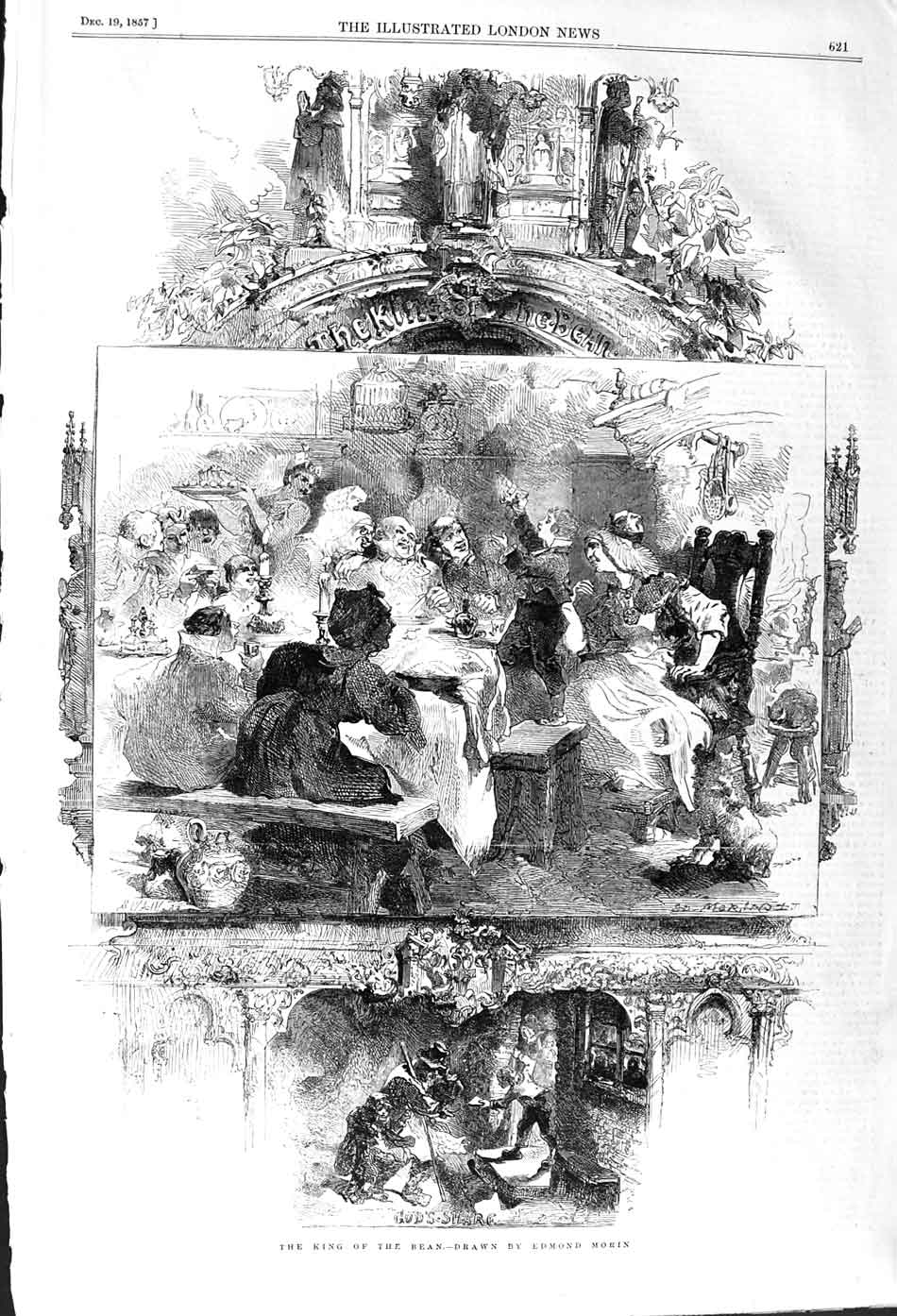 Original Old Antique Print 1857 King The Bean Dinner Table Scene 19th