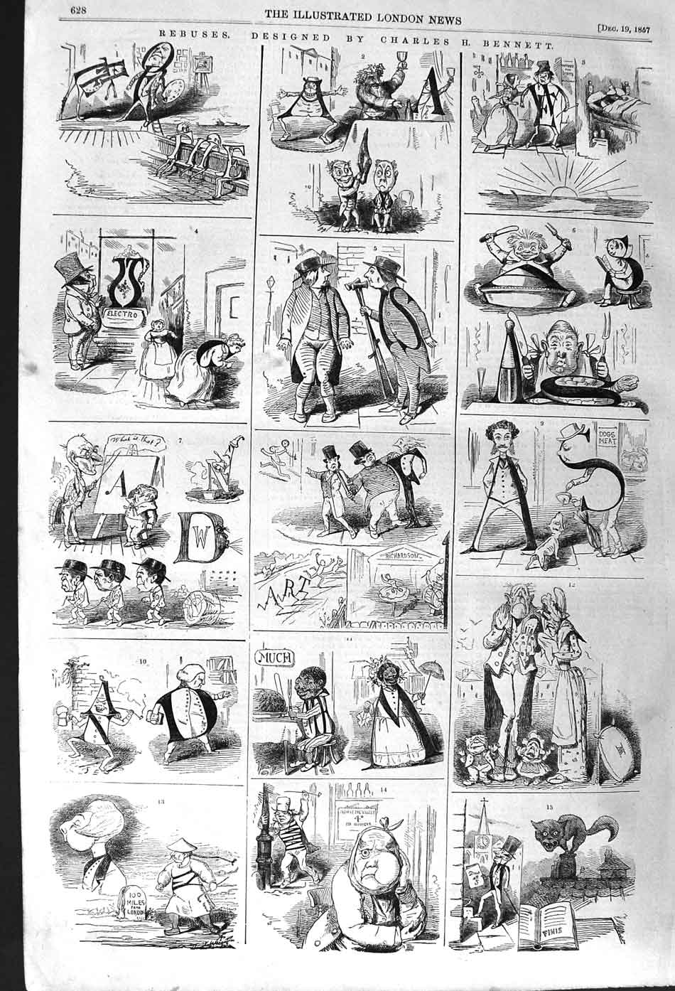 Original Old Antique Print 1857 Rebuses Charles Bennett Comedy Letters Cari 19th