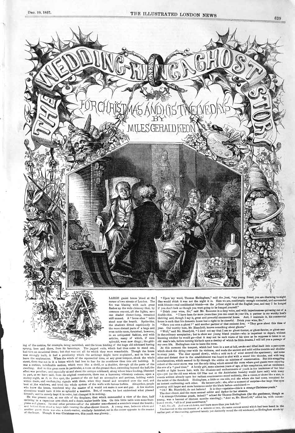 Original Old Antique Print 1857 Christmas Scene Mansion House Architecture 19th